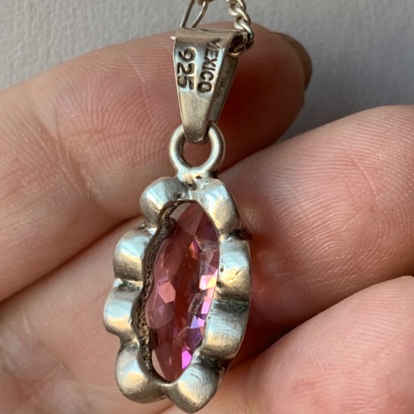 VINTAGE NAVETTE PINK ICE CZ PENDANT W/ FIGARO CHAIN 925 STERLING MADE IN MEXICO - Picture 4 of 16